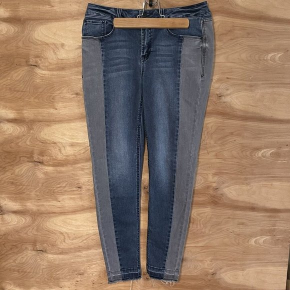 Kensie womens sz 27x 26 mid rise skinny color block patchwork jeans Raw Hem - Picture 8 of 8